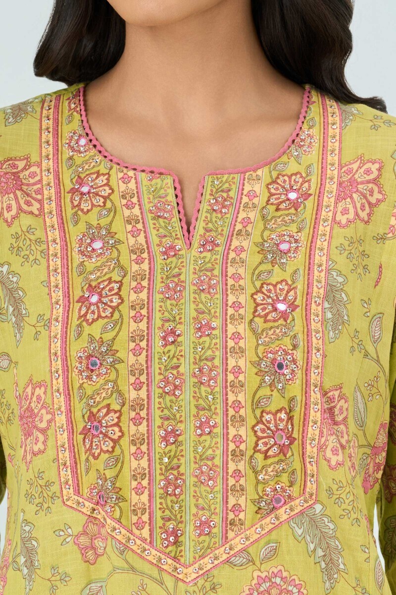 Green Hand Printed A-Line Cotton Slub Kurta