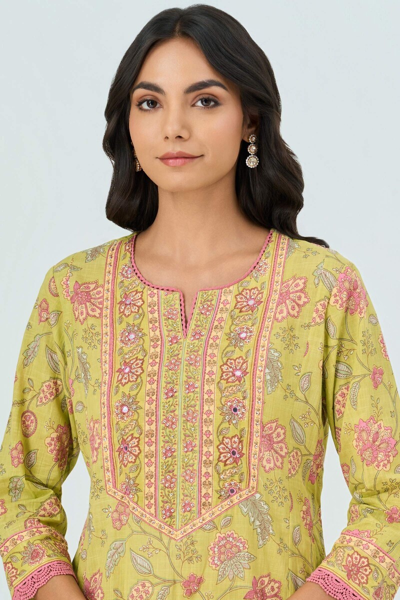 Green Hand Printed A-Line Cotton Slub Kurta