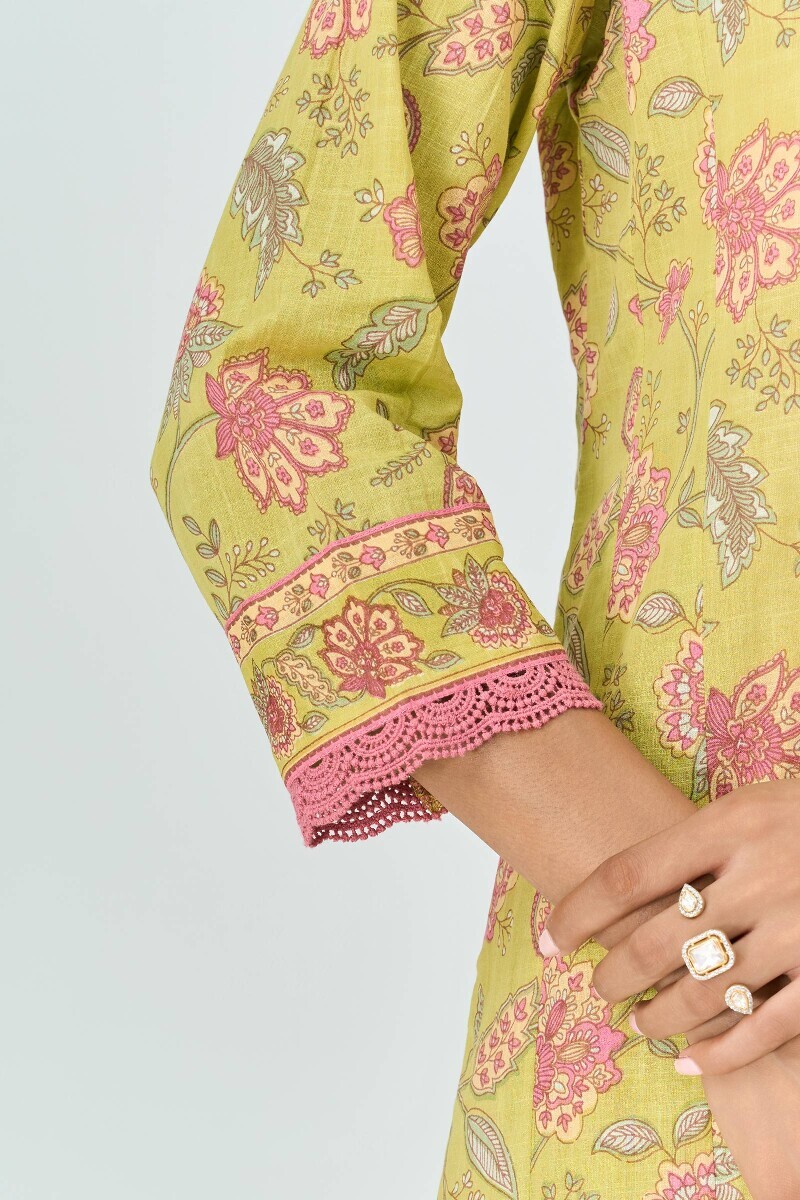Green Hand Printed A-Line Cotton Slub Kurta