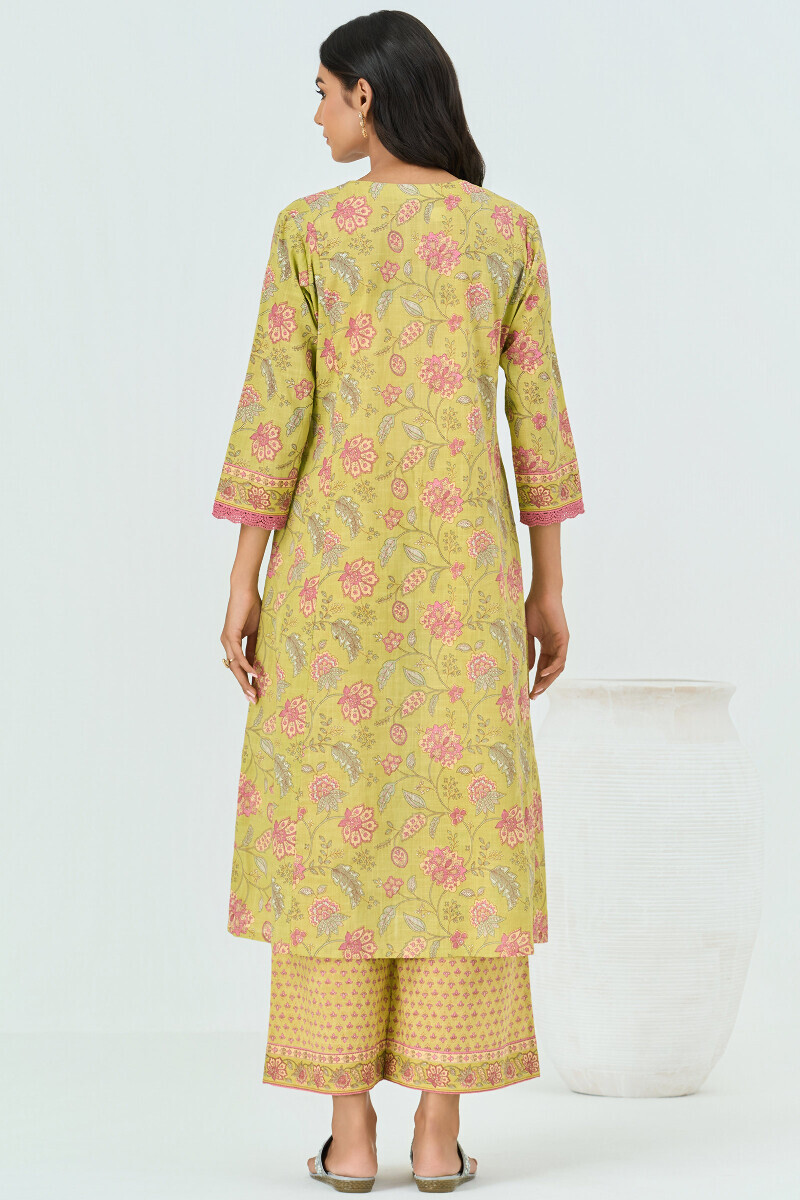 Green Hand Printed A-Line Cotton Slub Kurta