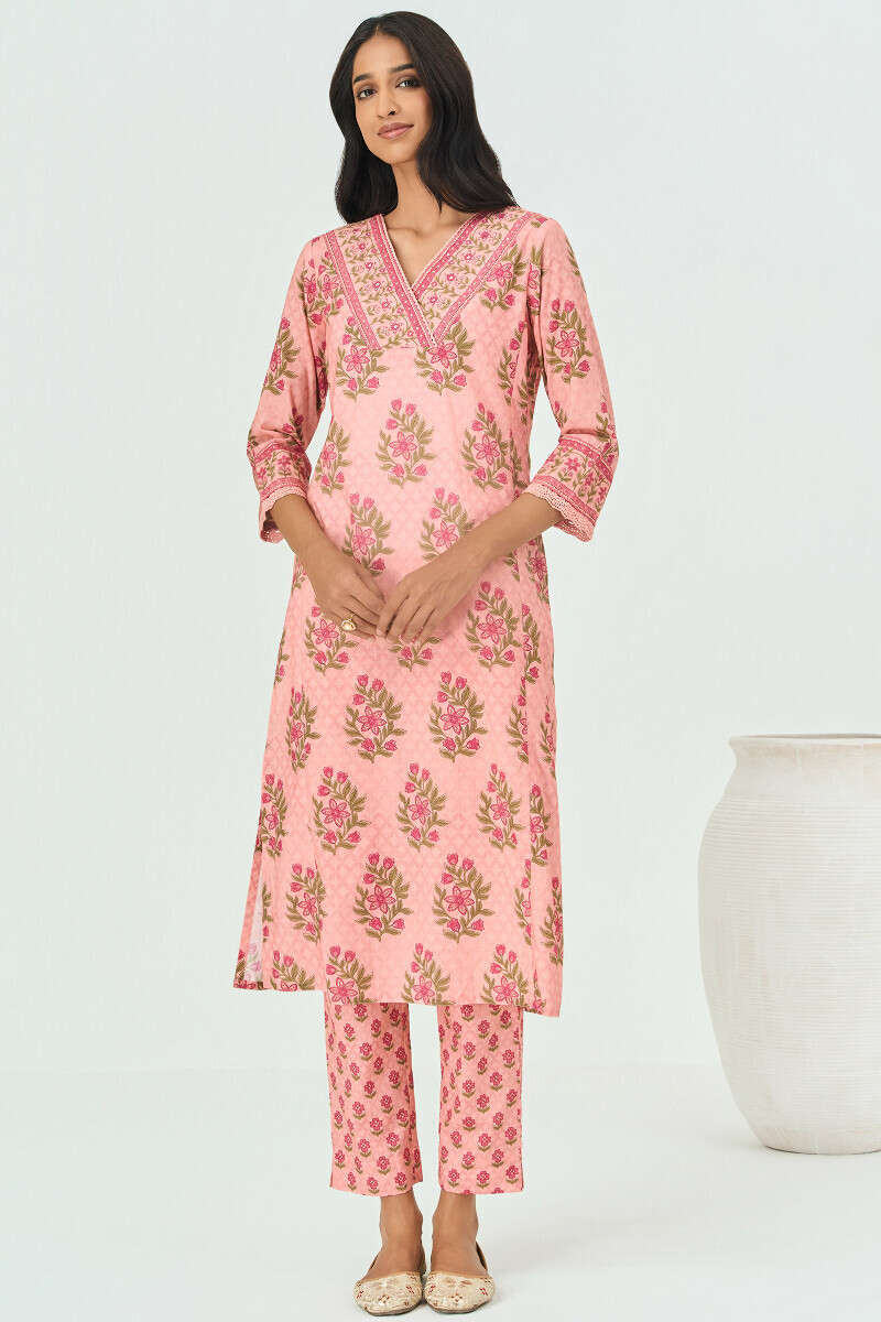 Peach Printed Straight Cotton Kurta