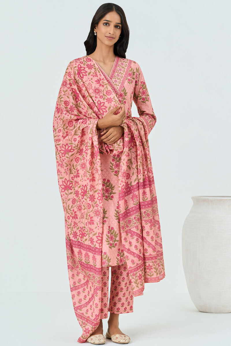 Peach Printed Straight Cotton Kurta