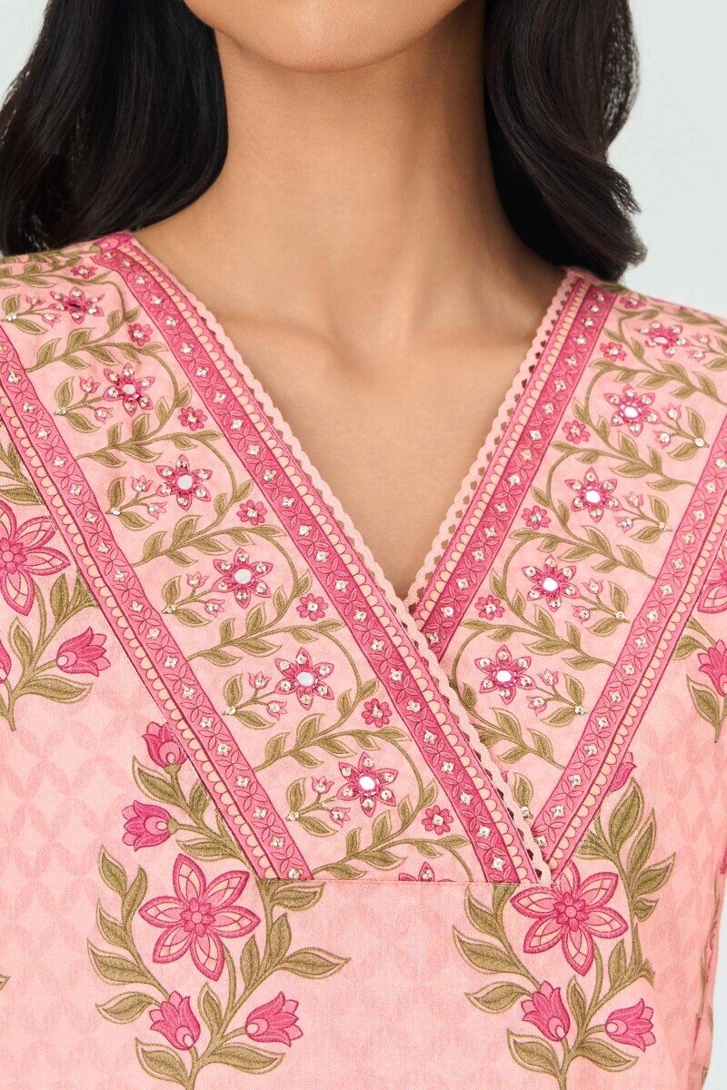 Peach Printed Straight Cotton Kurta