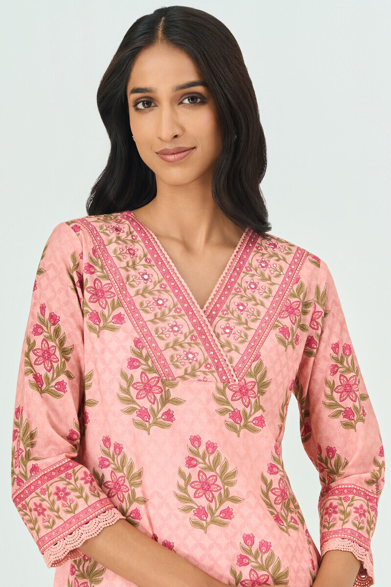 Peach Printed Straight Cotton Kurta