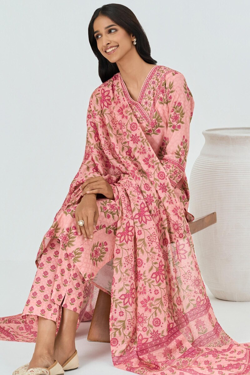 Peach Printed Straight Cotton Kurta