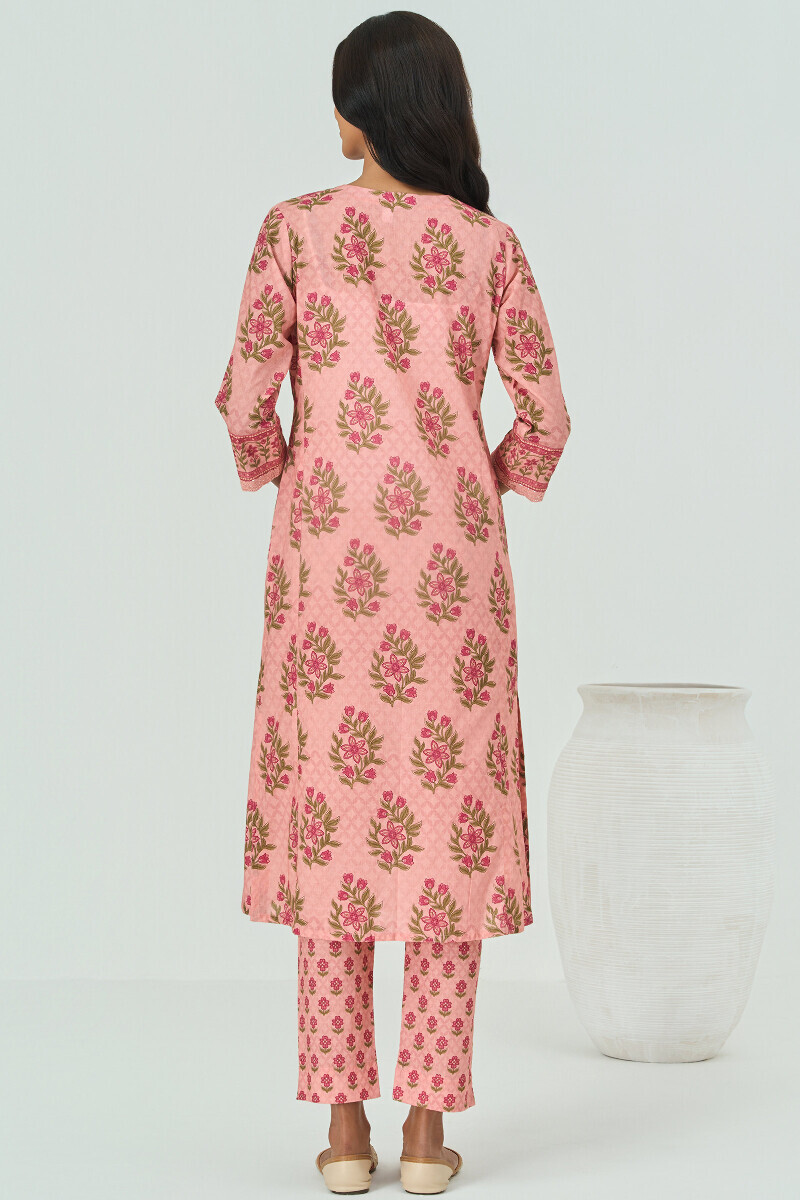 Peach Printed Straight Cotton Kurta