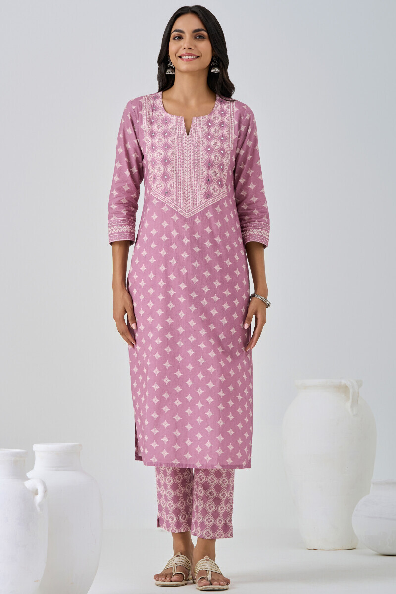 Purple Printed Straight Cotton Kurta