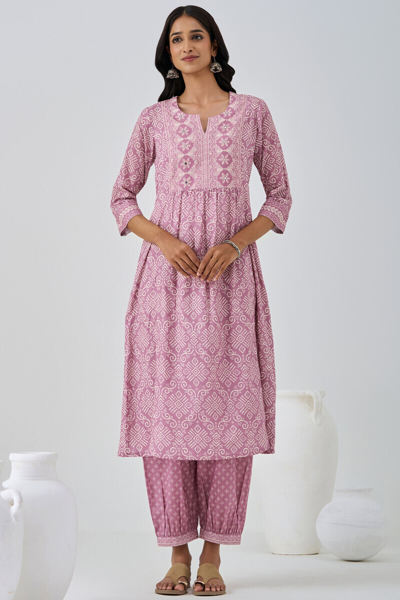 Purple Printed A-Line Cotton Kurta