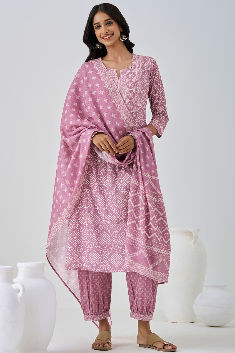 Purple Printed A-Line Cotton Kurta