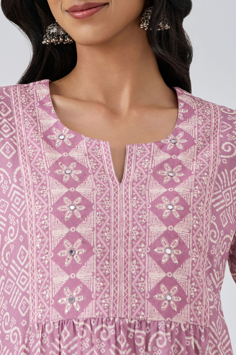 Purple Printed A-Line Cotton Kurta