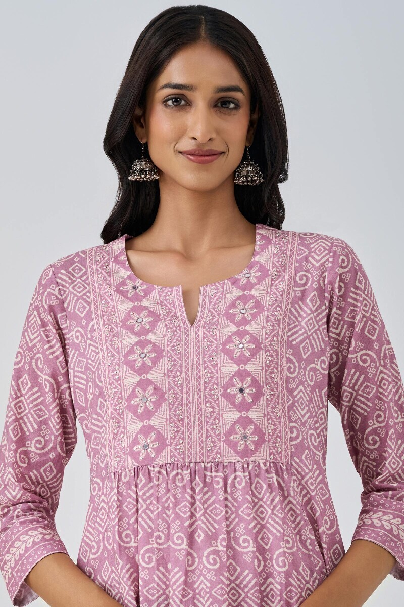 Purple Printed A-Line Cotton Kurta