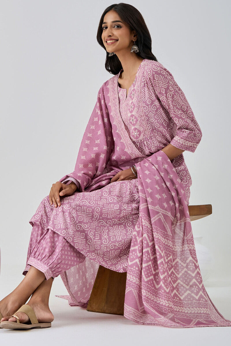 Purple Printed A-Line Cotton Kurta