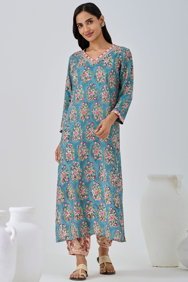 Blue Hand Block Printed Straight Modal Kurta