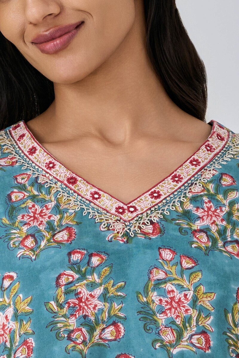 Blue Hand Block Printed Straight Modal Kurta