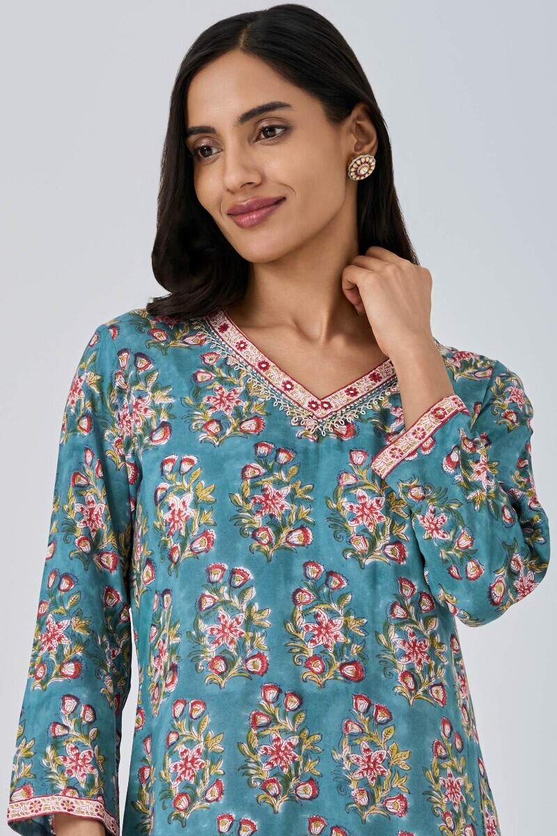 Blue Hand Block Printed Straight Modal Kurta