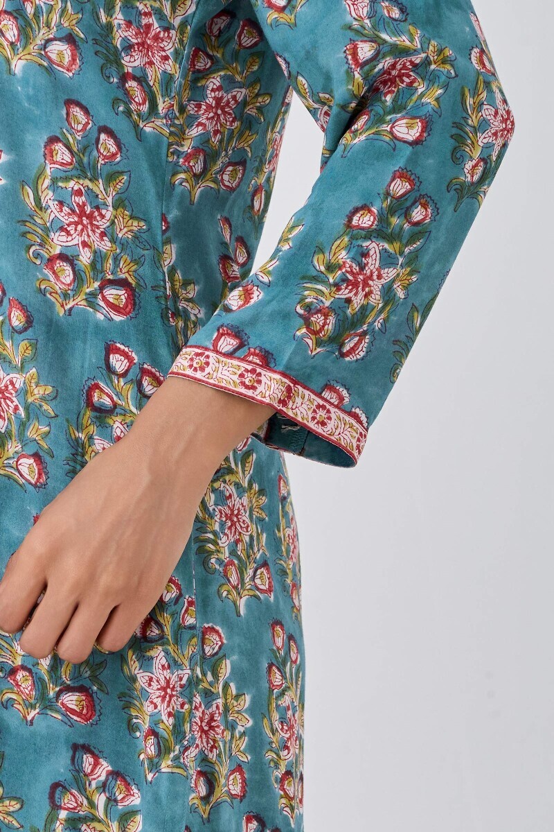 Blue Hand Block Printed Straight Modal Kurta