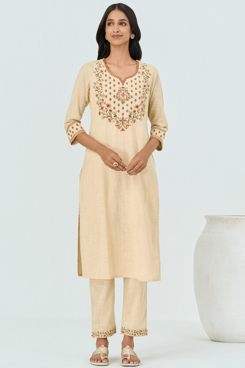 Beige Handcrafted Straight Gauze Slub Kurta