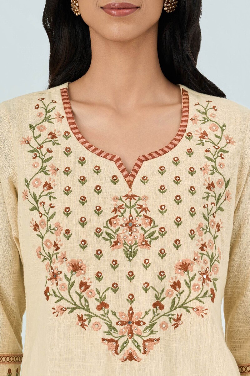 Beige Handcrafted Straight Gauze Slub Kurta