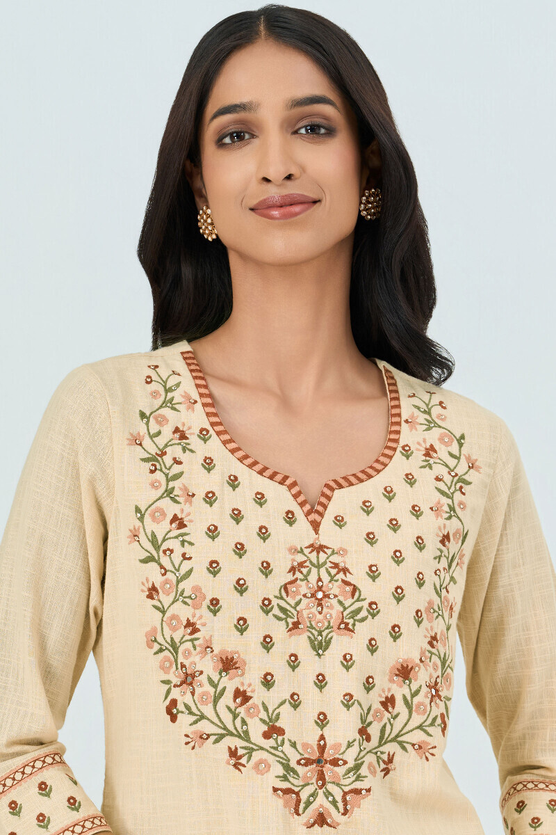 Beige Handcrafted Straight Gauze Slub Kurta