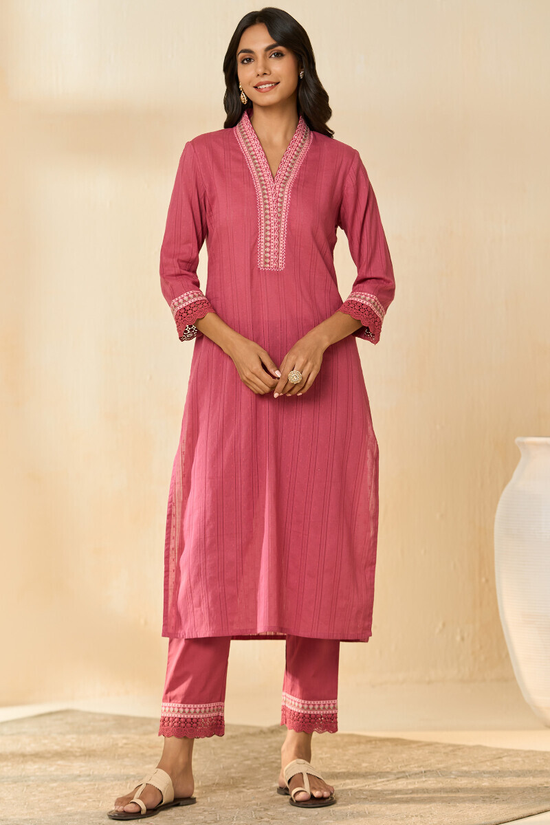 Pink Handcrafted Straight Cotton Dobby Kurta