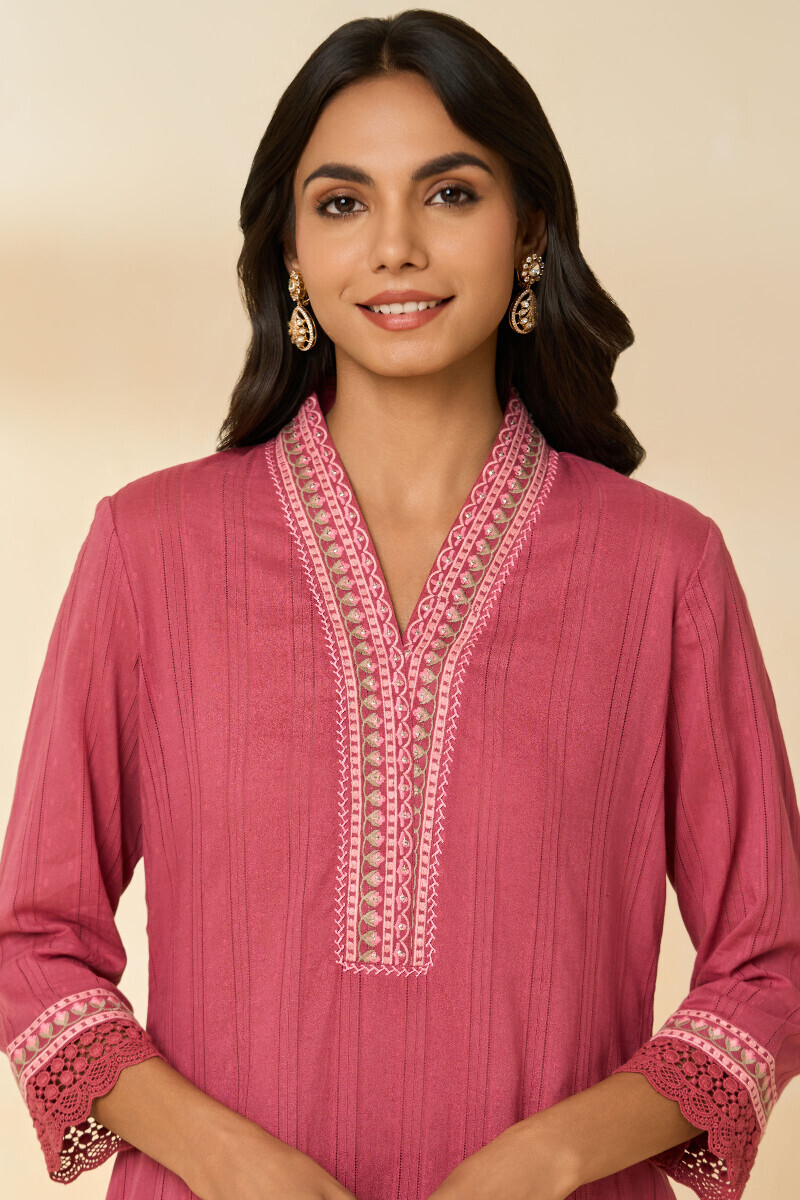 Pink Handcrafted Straight Cotton Dobby Kurta