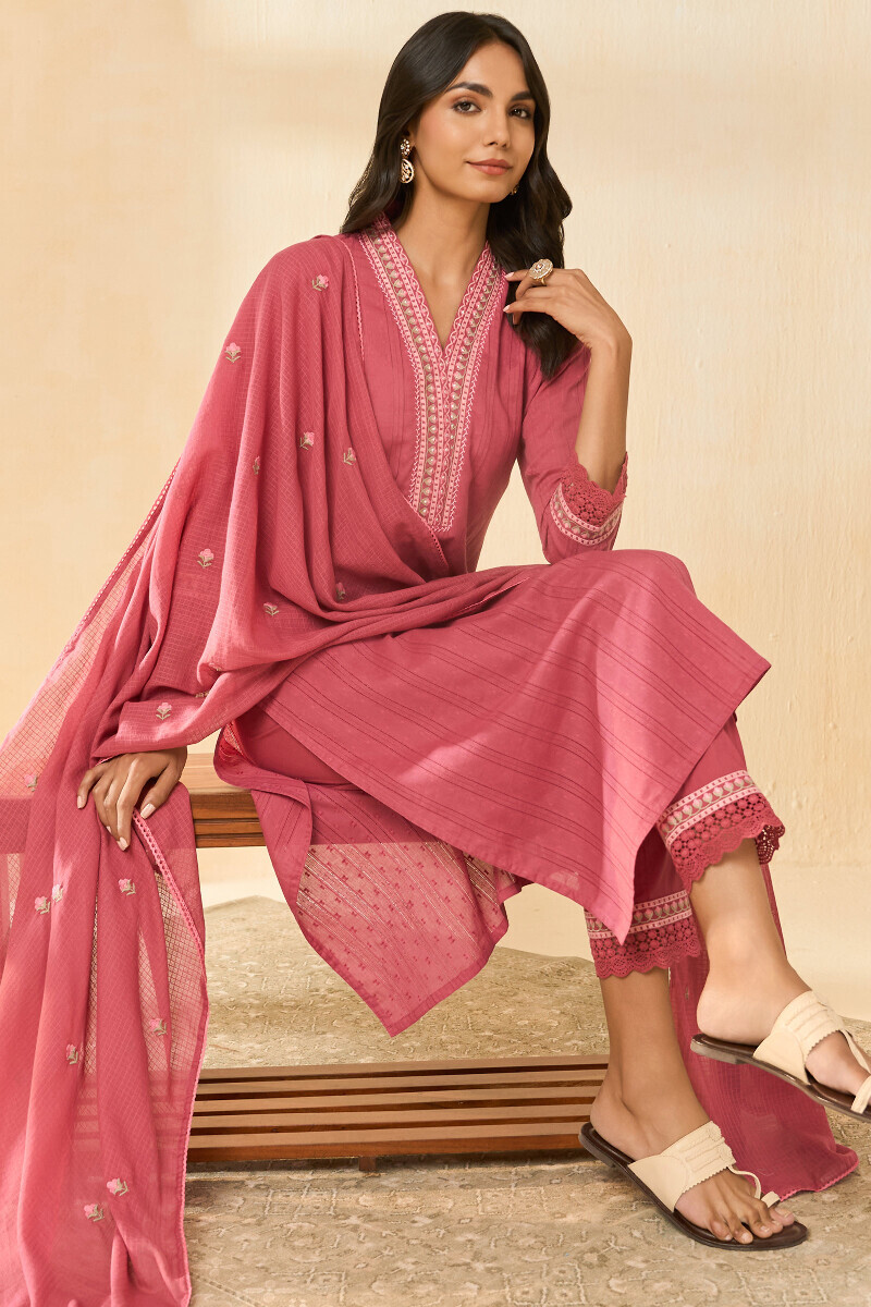 Pink Handcrafted Straight Cotton Dobby Kurta
