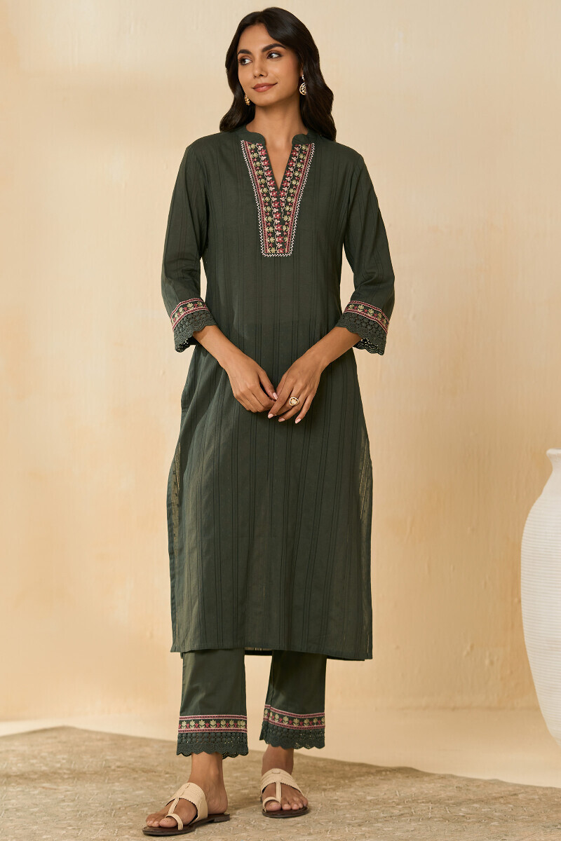 Green Handcrafted Straight Cotton Dobby Kurta