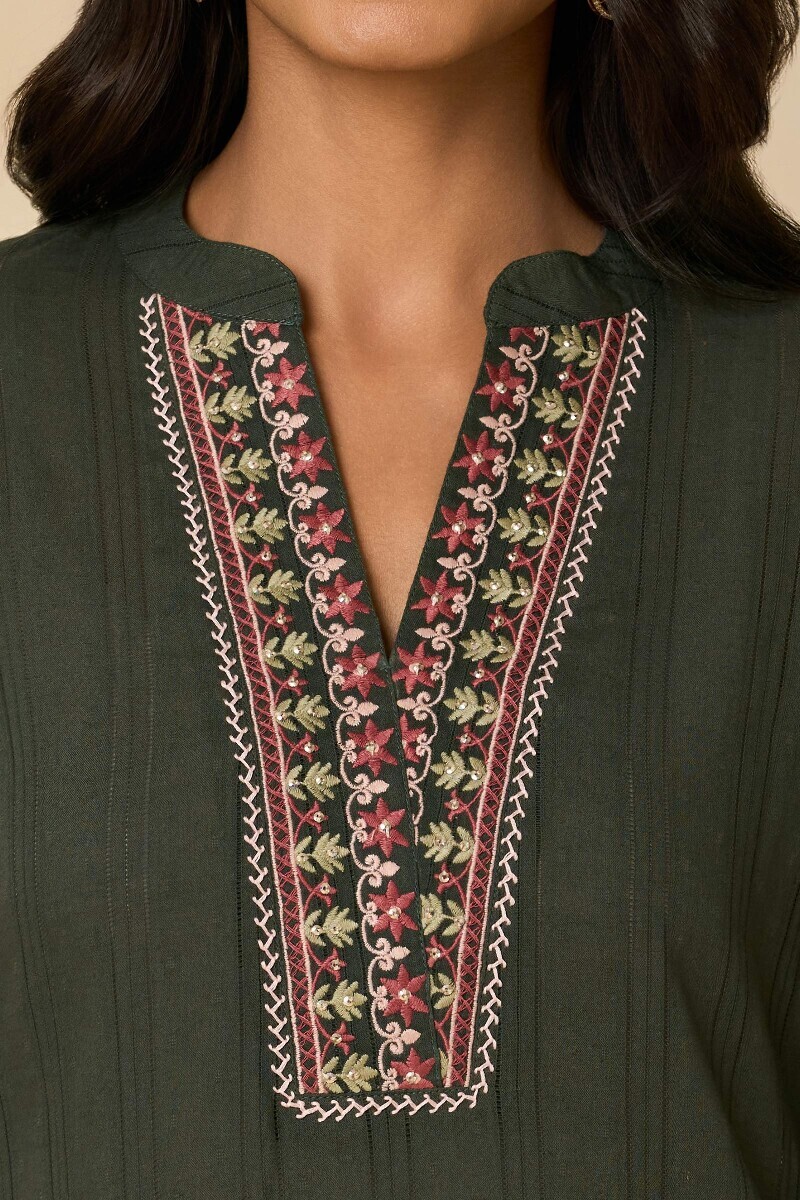 Green Handcrafted Straight Cotton Dobby Kurta