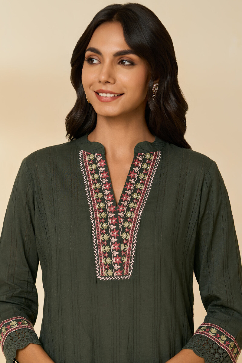 Green Handcrafted Straight Cotton Dobby Kurta