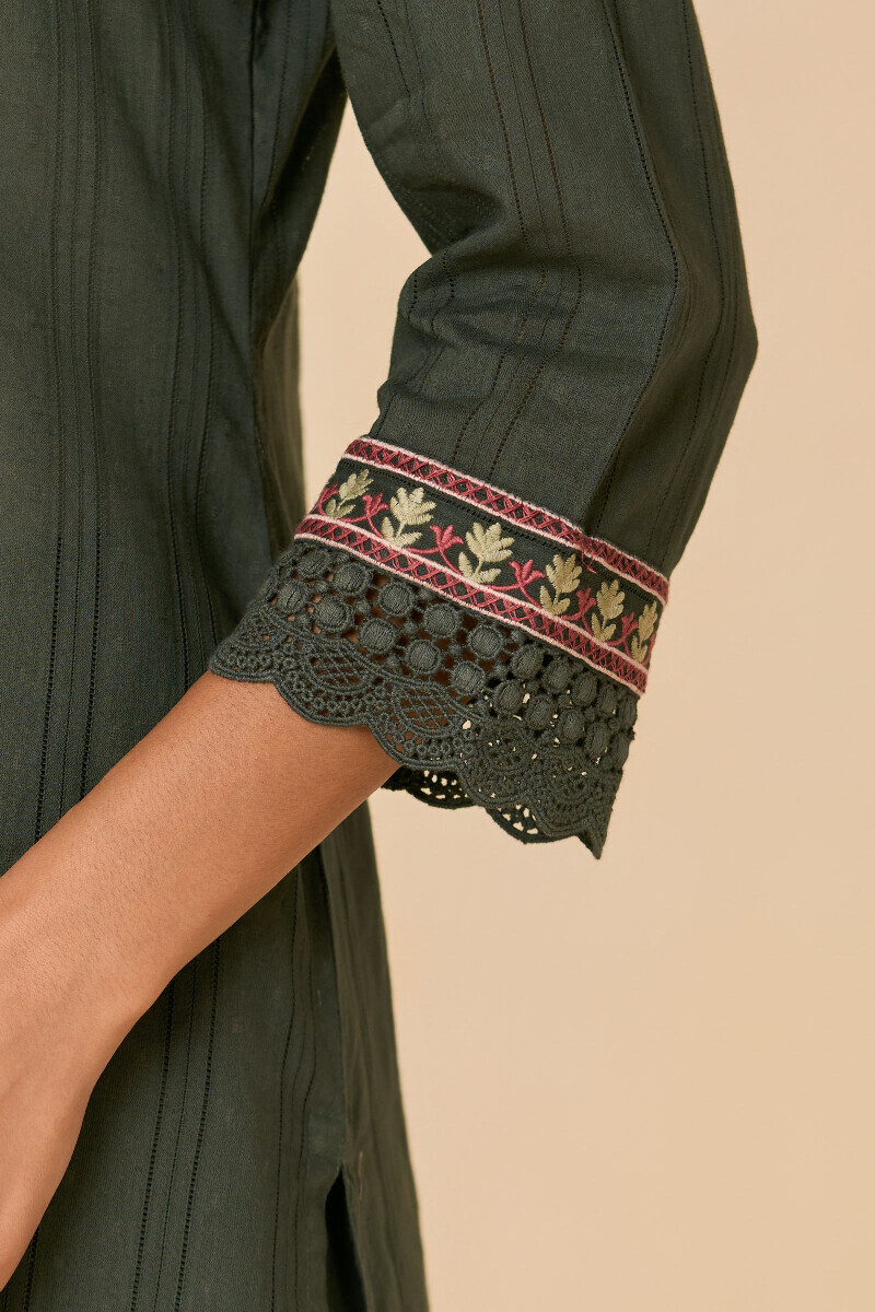 Green Handcrafted Straight Cotton Dobby Kurta