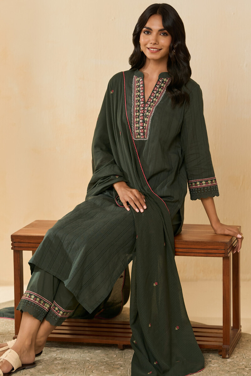 Green Handcrafted Straight Cotton Dobby Kurta