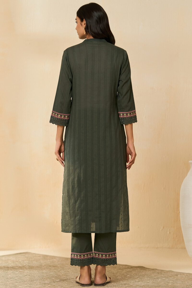 Green Handcrafted Straight Cotton Dobby Kurta
