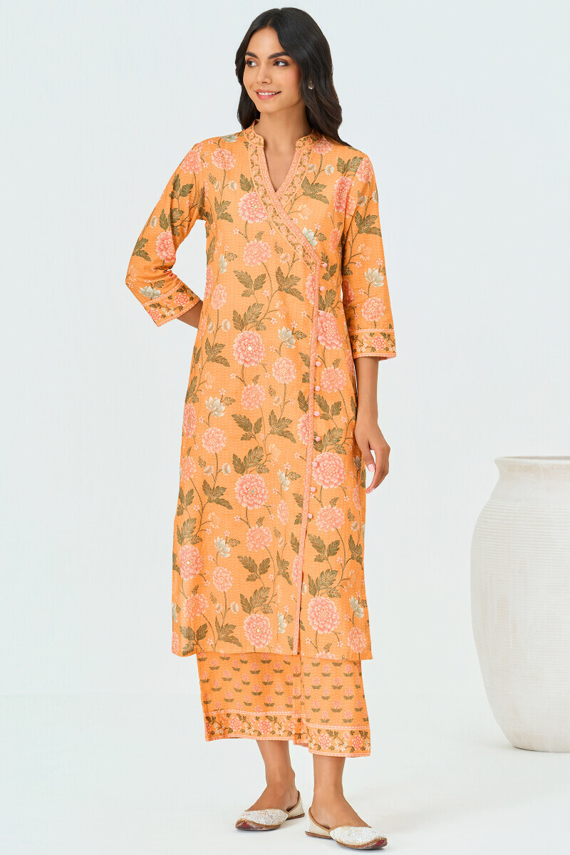 Yellow Printed Angrakha Cotton Kurta