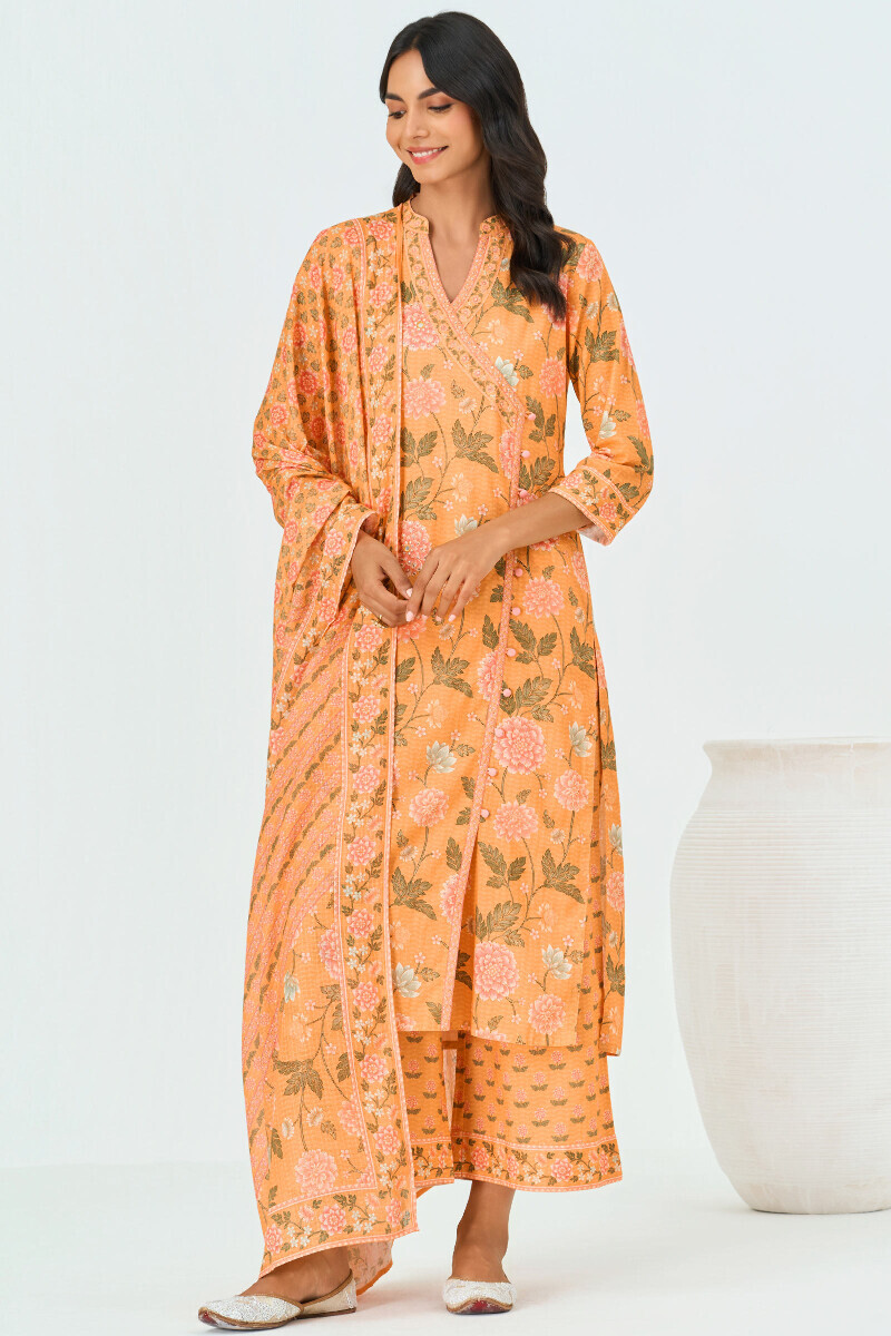 Yellow Printed Angrakha Cotton Kurta