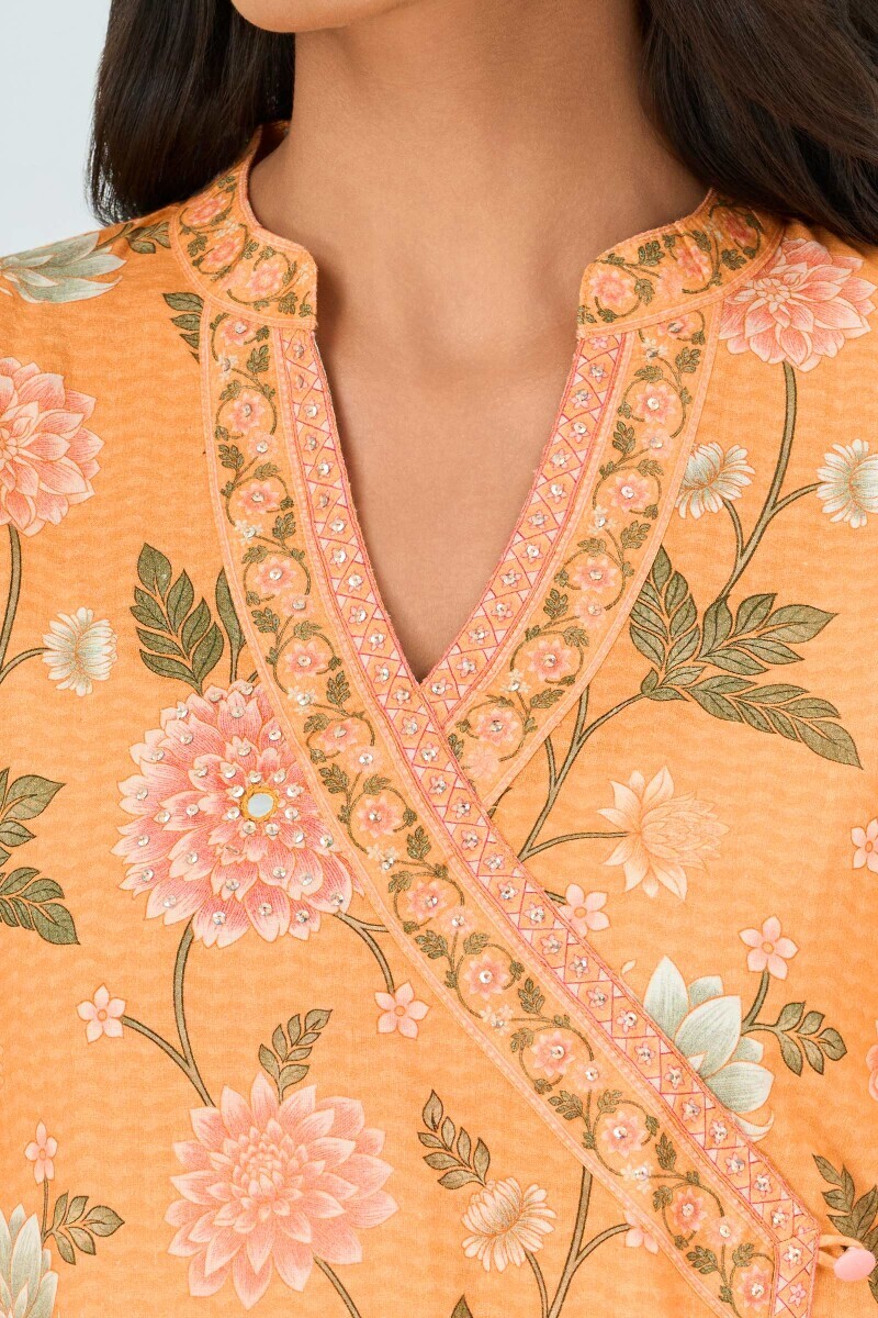 Yellow Printed Angrakha Cotton Kurta