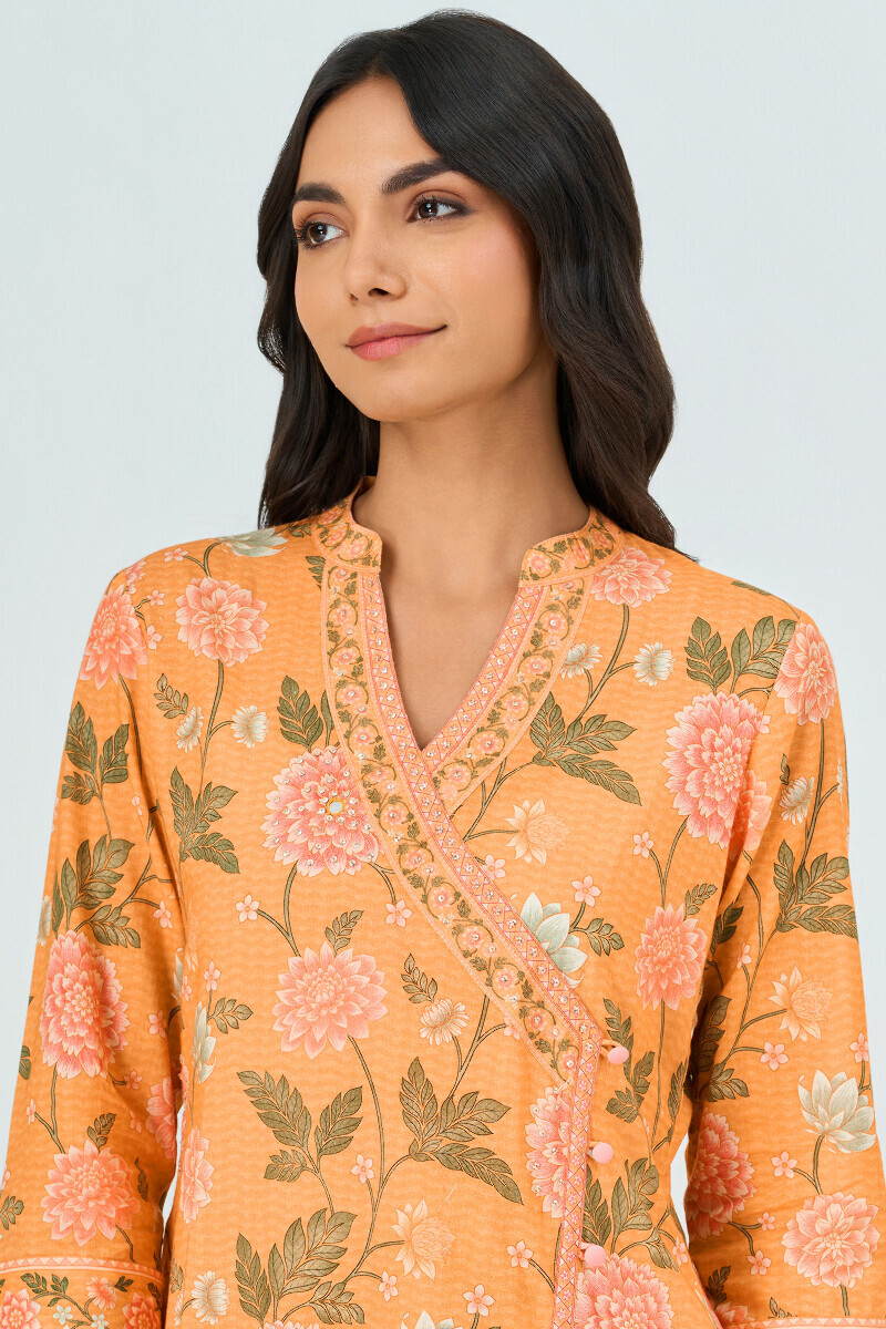 Yellow Printed Angrakha Cotton Kurta