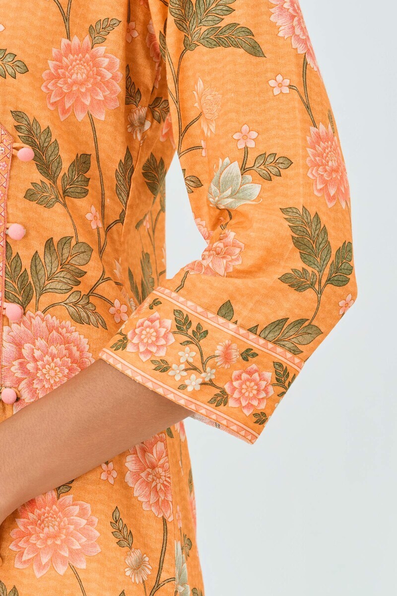Yellow Printed Angrakha Cotton Kurta