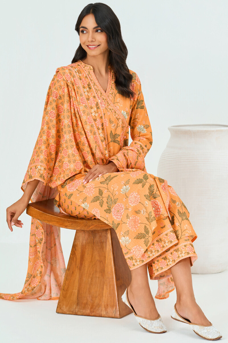 Yellow Printed Angrakha Cotton Kurta