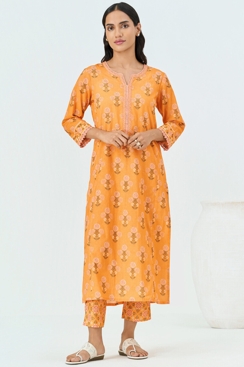 Yellow Printed Straight Cotton Kurta