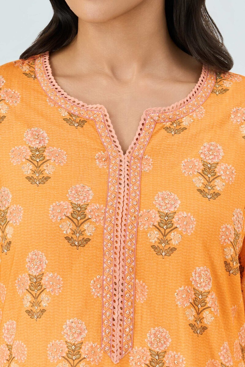 Yellow Printed Straight Cotton Kurta