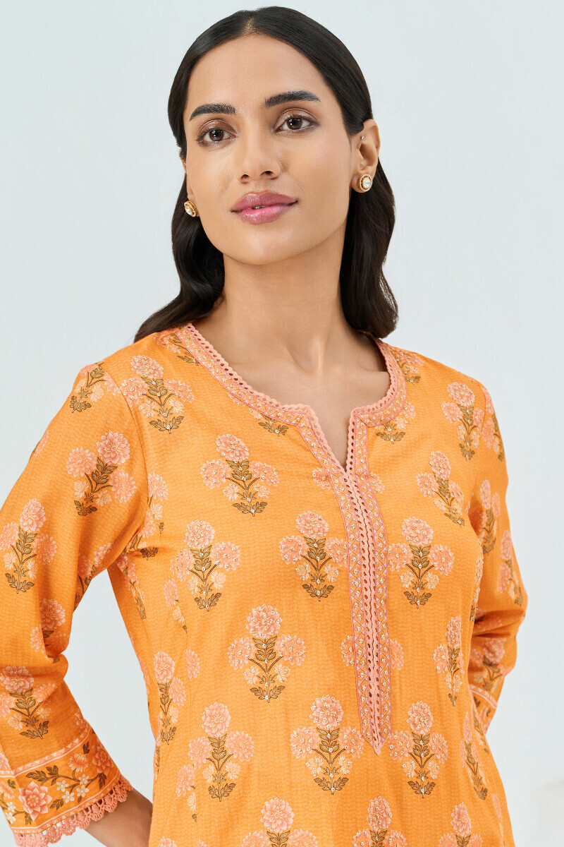 Yellow Printed Straight Cotton Kurta