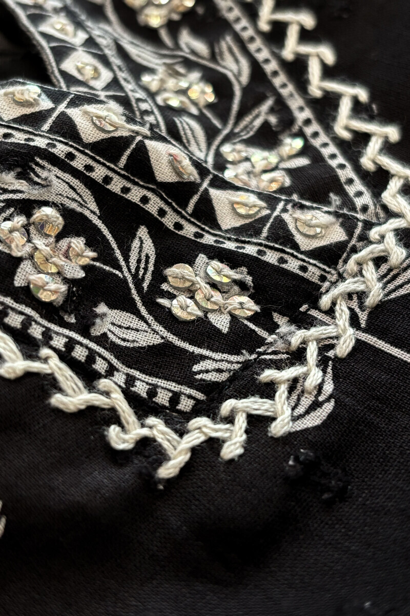 Black Hand Printed Straight Cotton Dobby Kurta