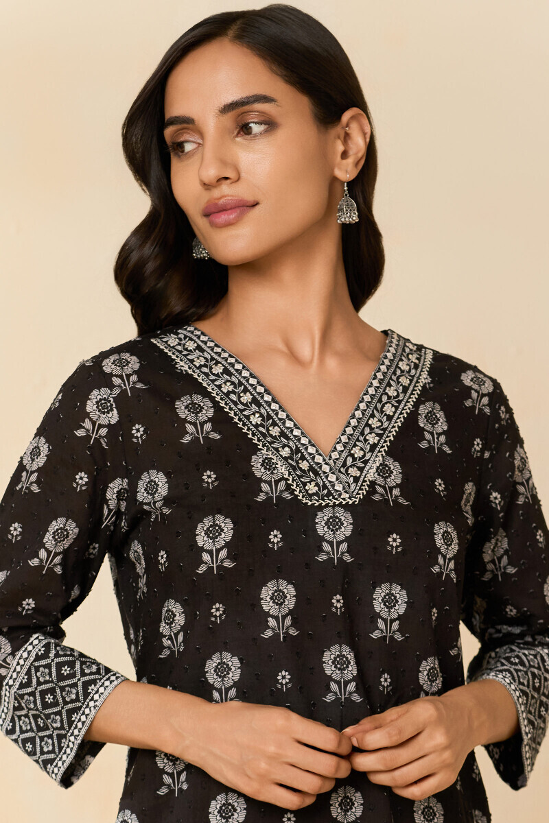 Black Hand Printed Straight Cotton Dobby Kurta
