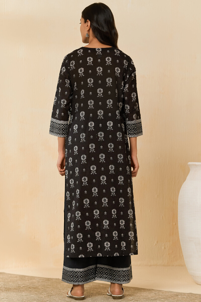 Black Hand Printed Straight Cotton Dobby Kurta