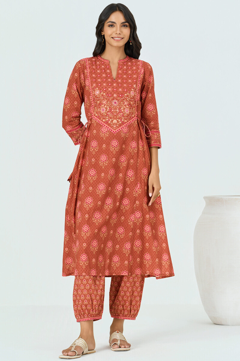 Brown Printed A-Line Cotton Kurta