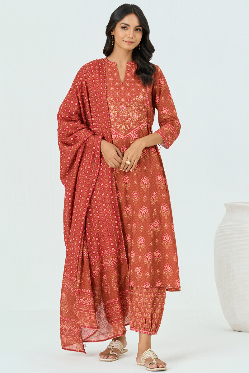Brown Printed A-Line Cotton Kurta