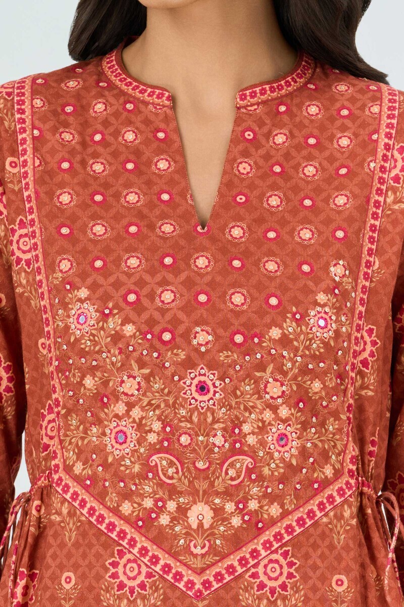 Brown Printed A-Line Cotton Kurta