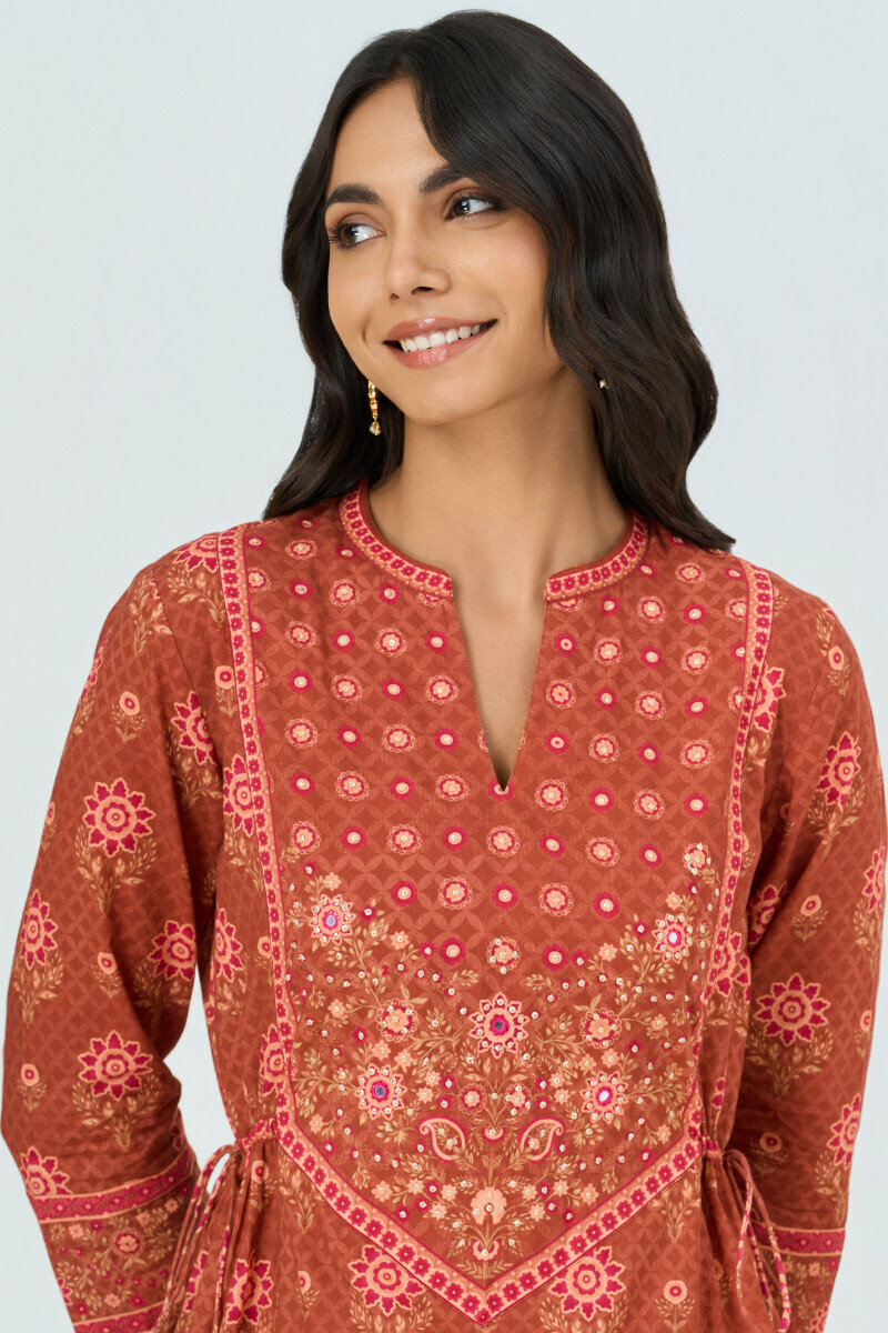 Brown Printed A-Line Cotton Kurta