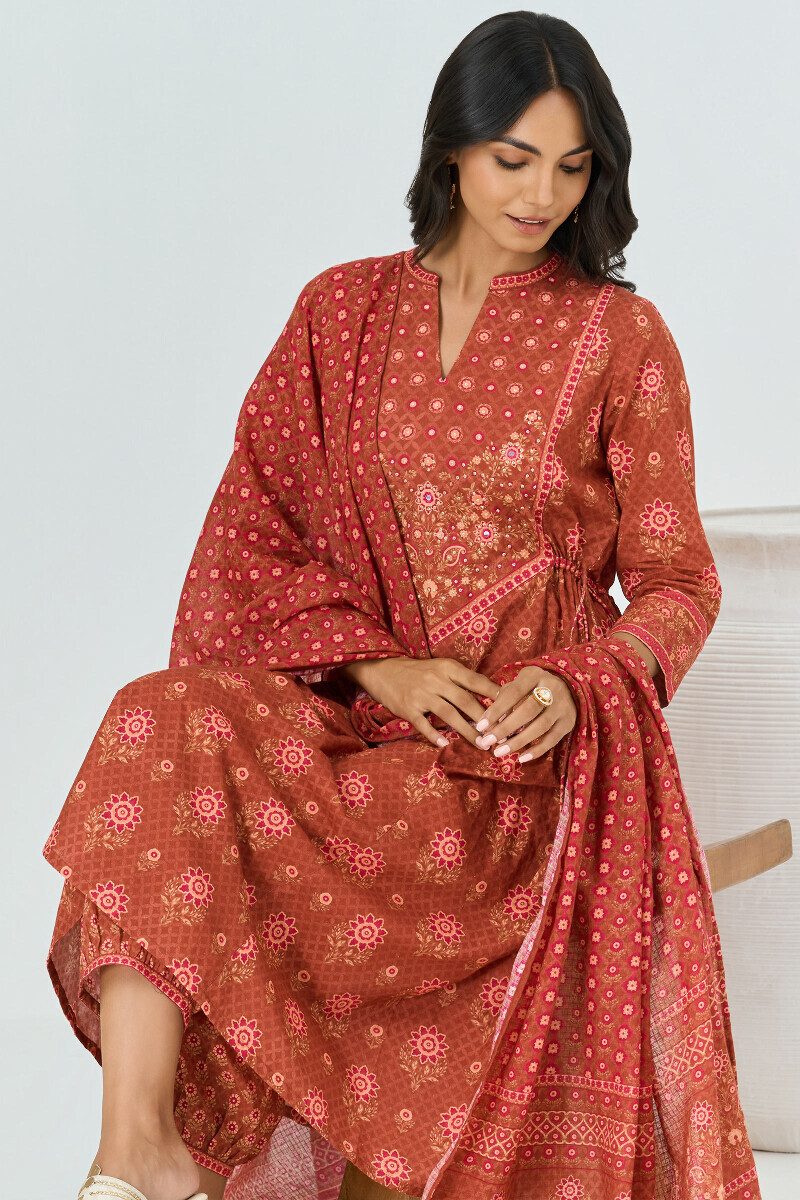 Brown Printed A-Line Cotton Kurta