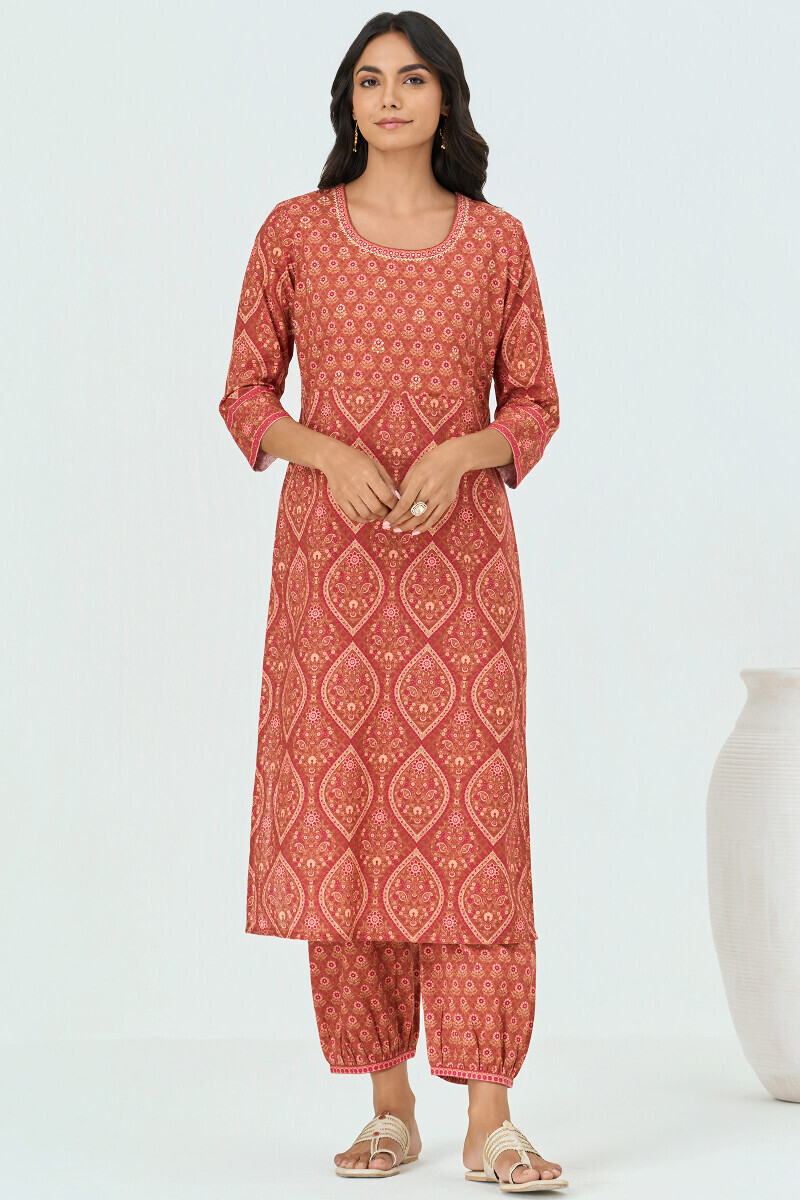 Brown Printed Straight Cotton Kurta